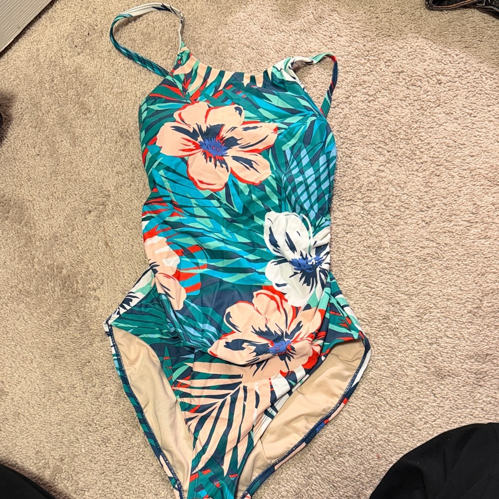 Kona Sol Floral One Piece Swimsuit - Green and Orange